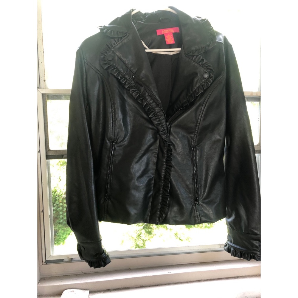 Black Leather Jacket with ruffle details